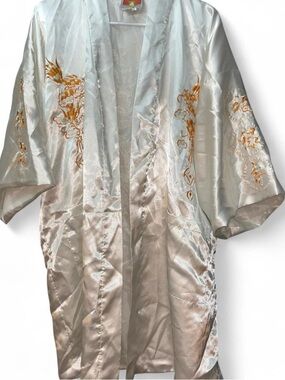 Ivory Satin Kimono Robe with Gold Embroidered Accent
